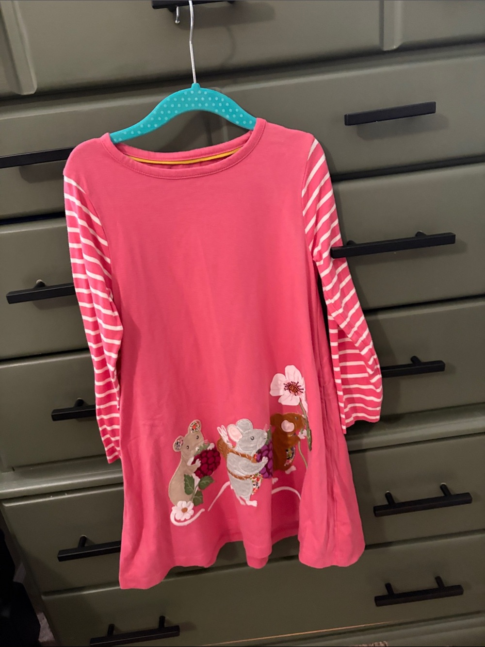 Mini Boden Pink Dress Top with Striped Sleeves and Animal Appliqués